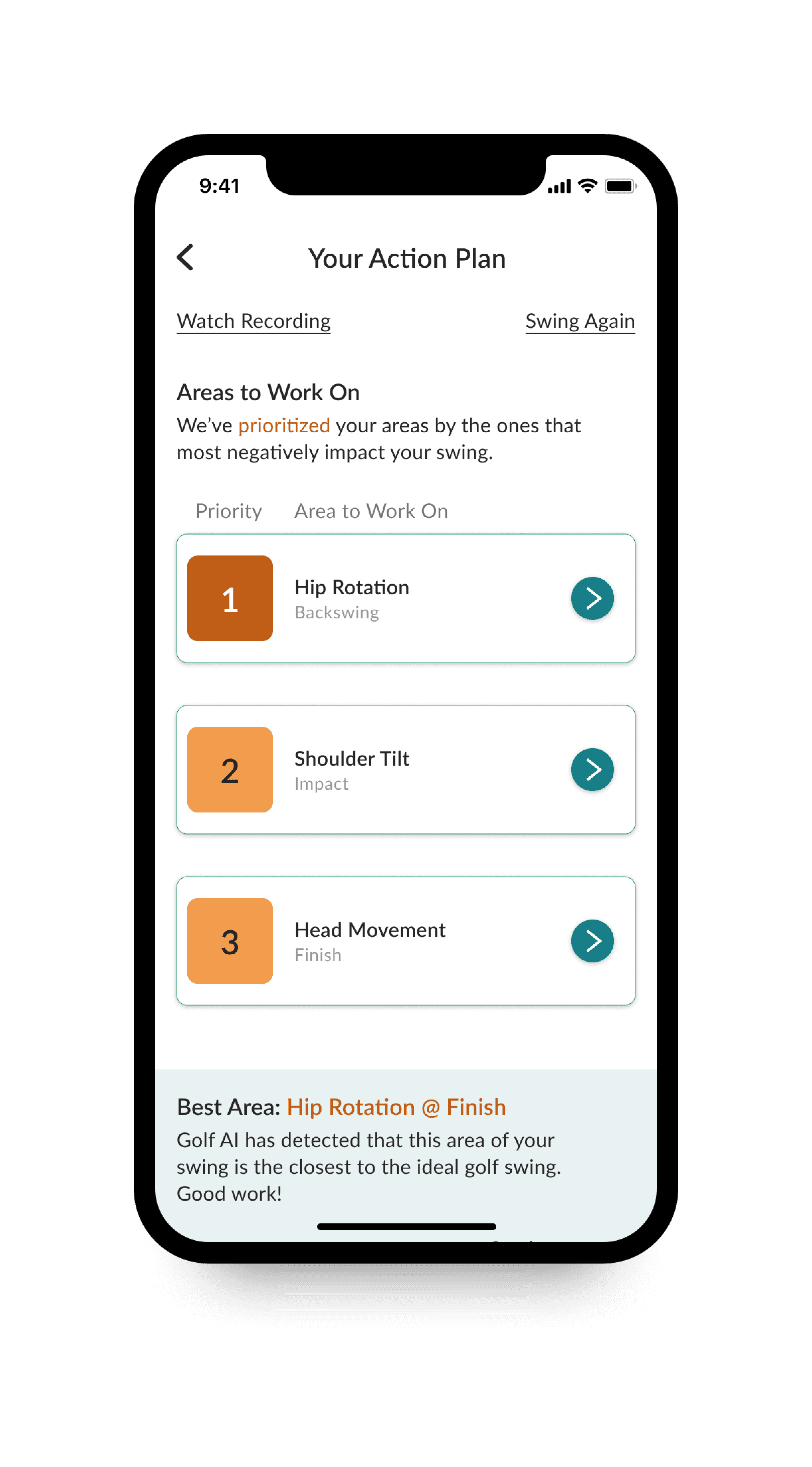 Golf AI action plan listing hip rotation, shoulder tilt and head movement in priority order