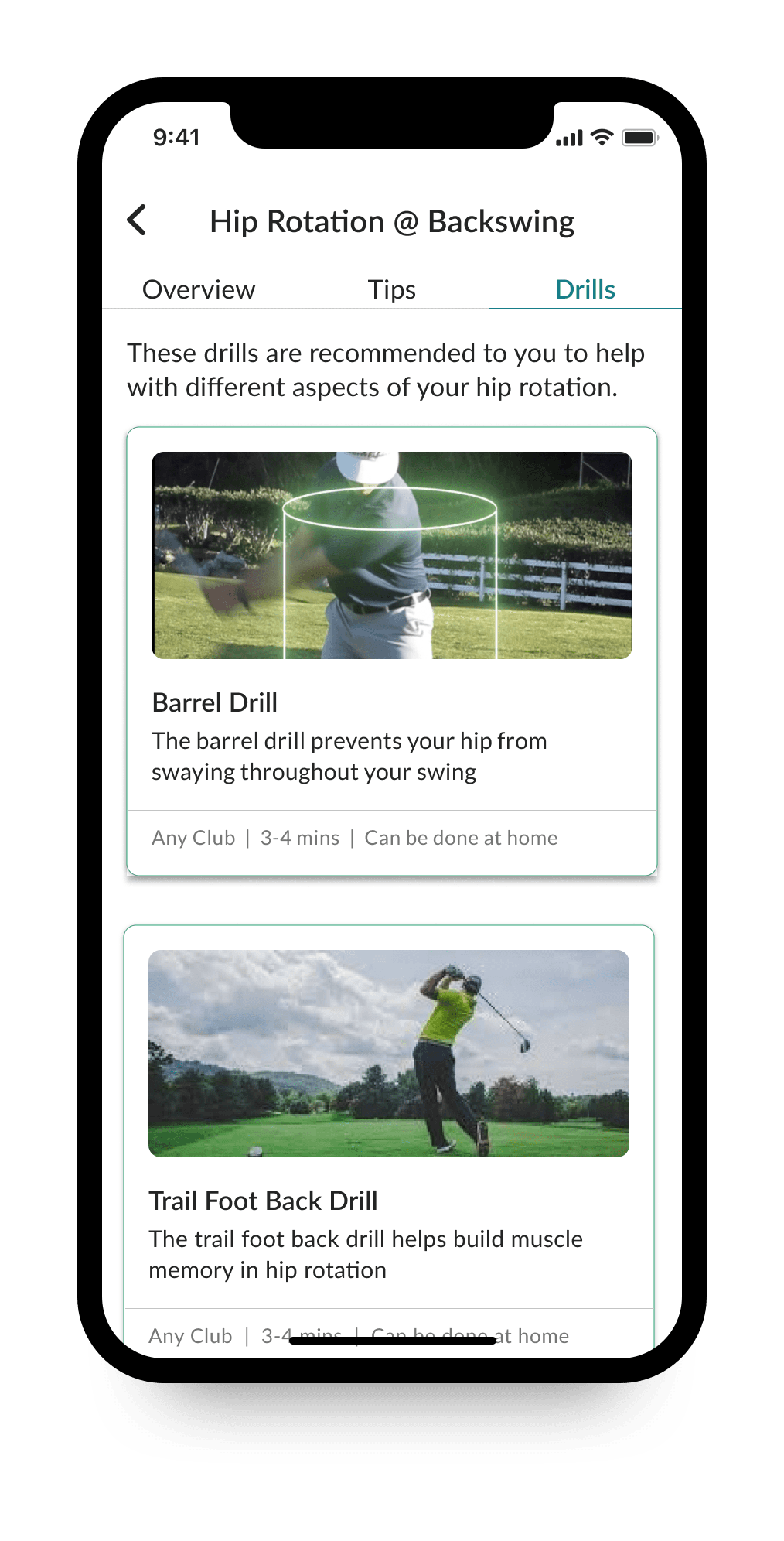 Golf AI drills tab with the barrel drill and trail foot back drill